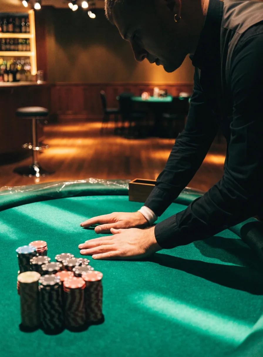 Ręce krupiera rozdające karty przy stole pokerowym