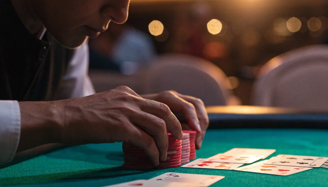 Karty i żetony na zielonym suknie stołu pokerowego
