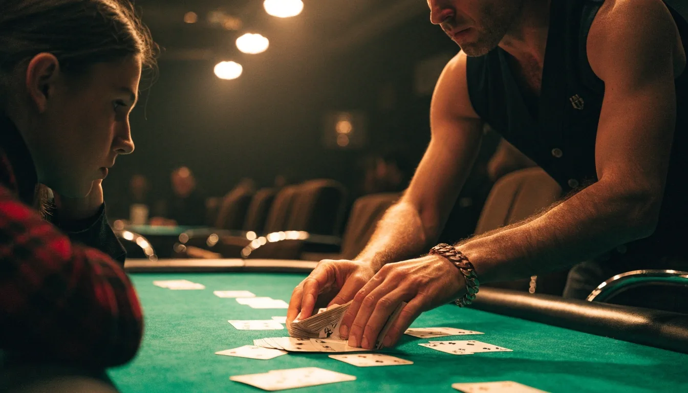 Krupier rozdaje karty przy stole pokerowym w sali Montclairons