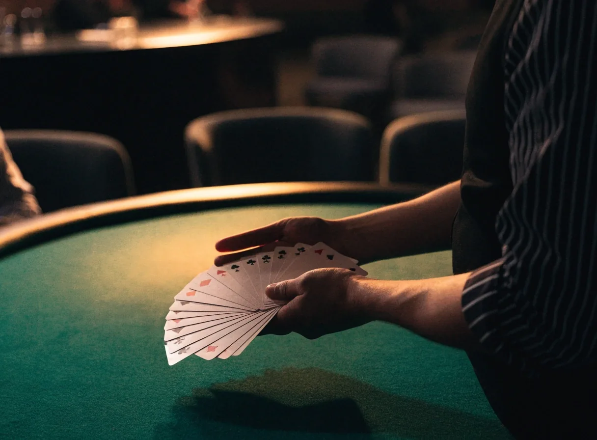 Krupier rozkładający karty na stole pokerowym