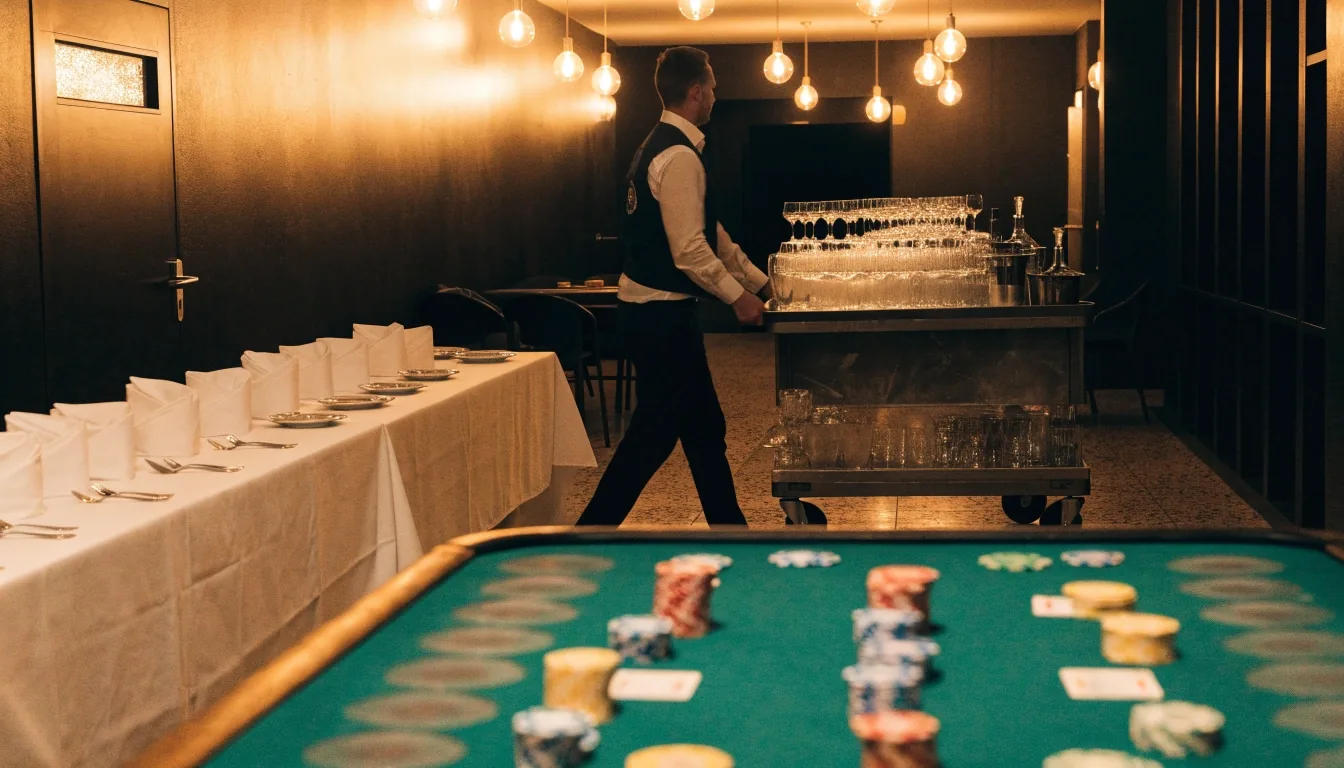 Sala eventowa z oświetlonymi stołami pokerowymi