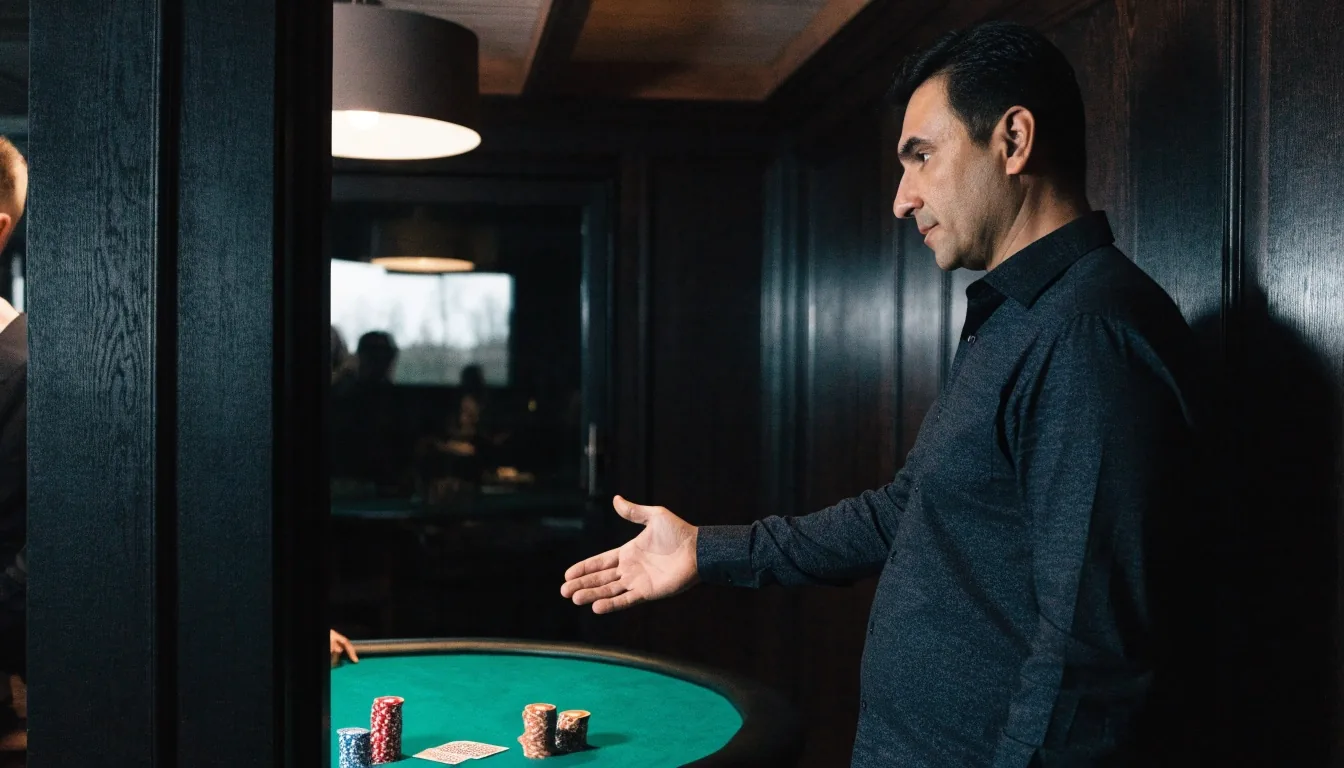 Stół pokerowy z żetonami i kartami w sali Montclairons