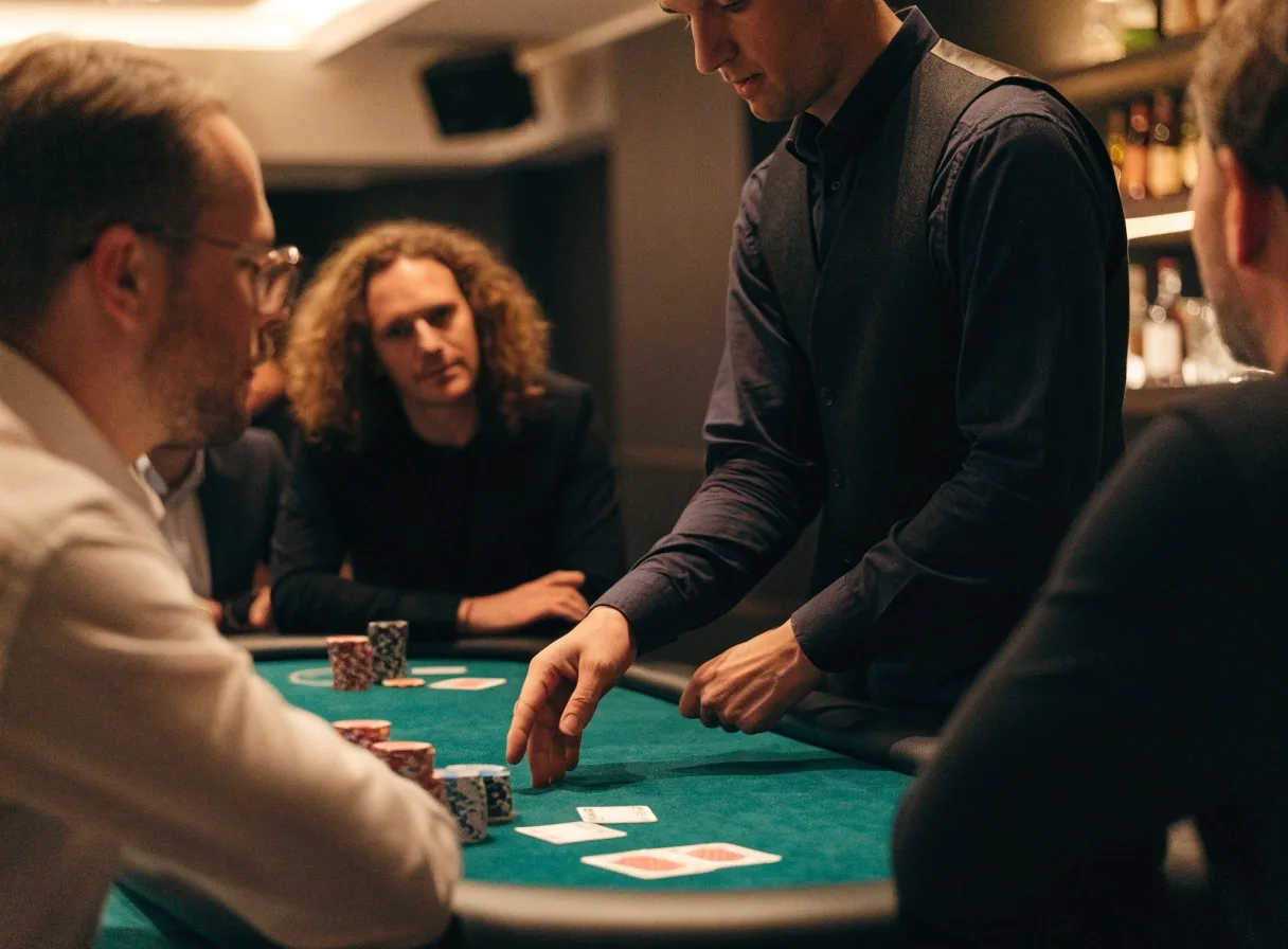 Rozdanie kart przy stole pokerowym — ręce krupiera nad sukienem