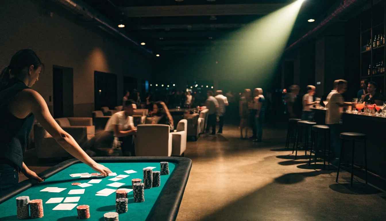 Sala pokerowa Montclairons w Poznaniu — stoły do gry i oświetlenie wieczorowe