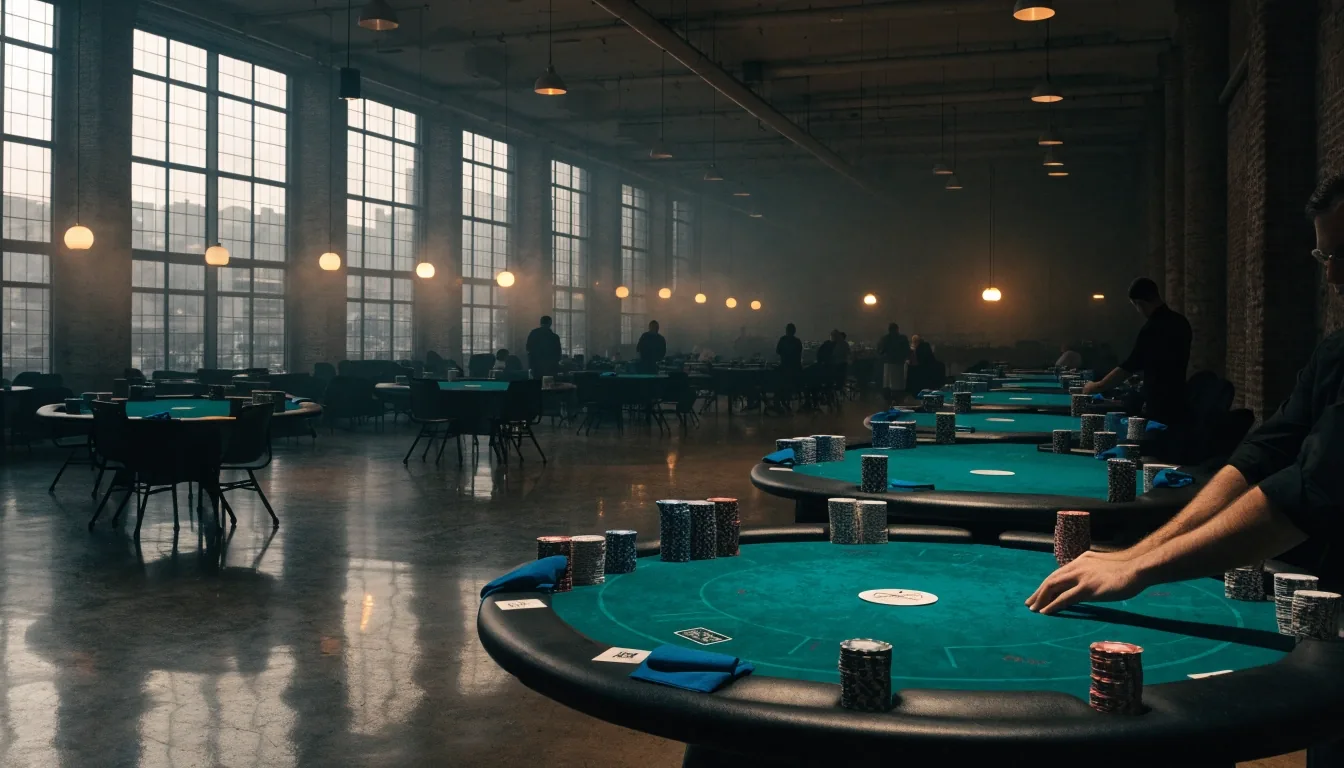 Szeroki widok sali eventowej ze stołami pokerowymi i strefą lounge