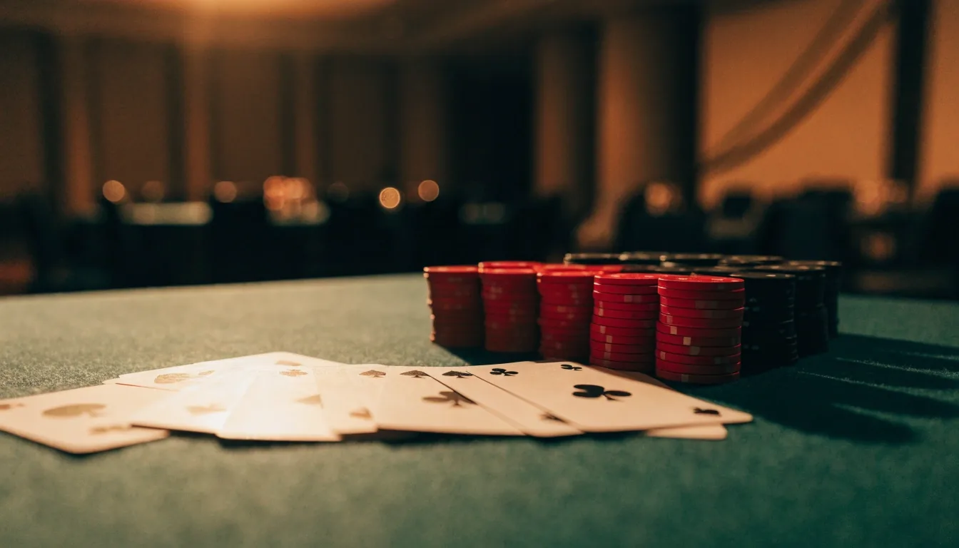 Detale stołu pokerowego: karty i żetony w ciepłym świetle sali