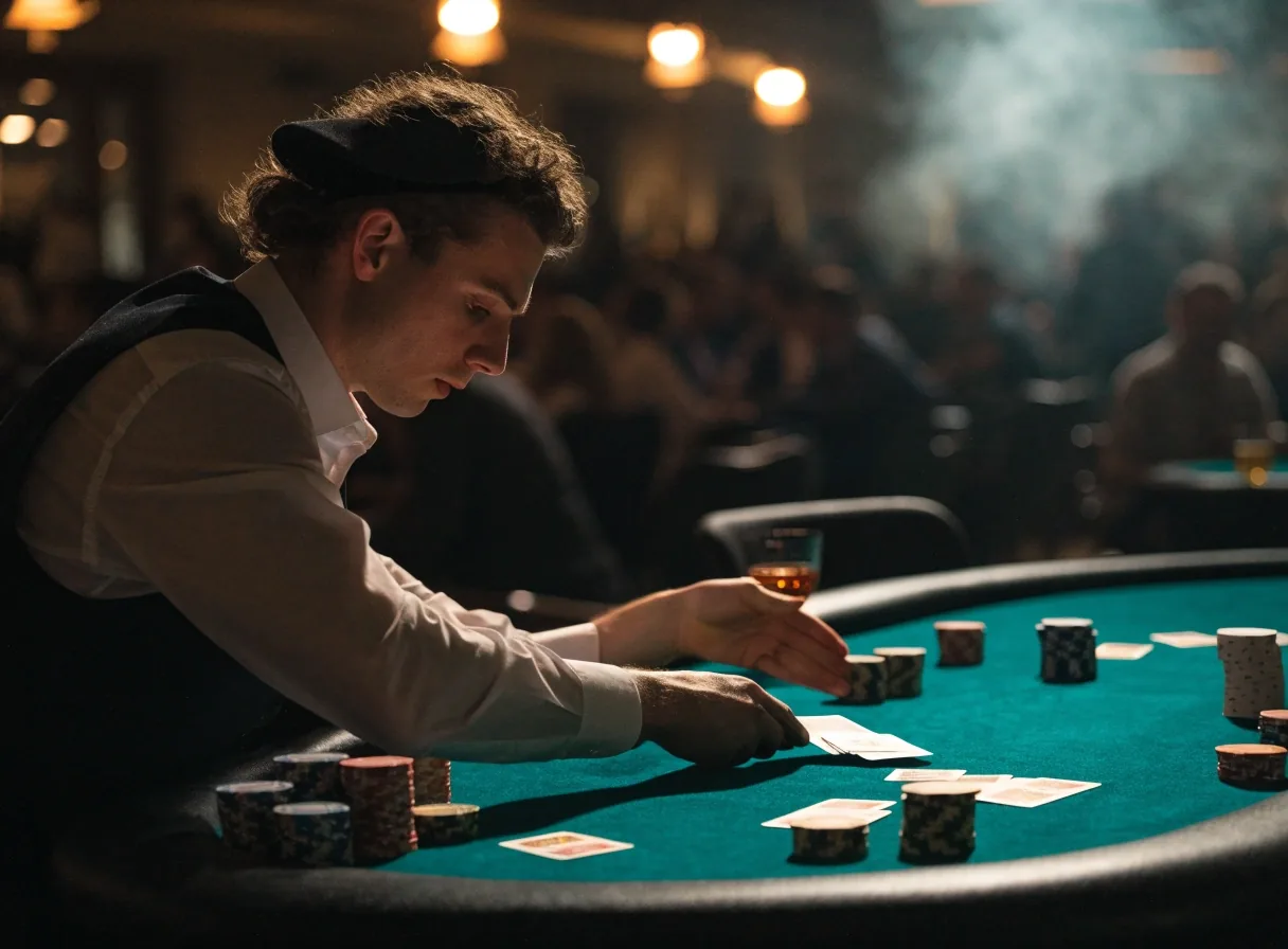 Krupier rozkłada karty na suknie stołu pokerowego