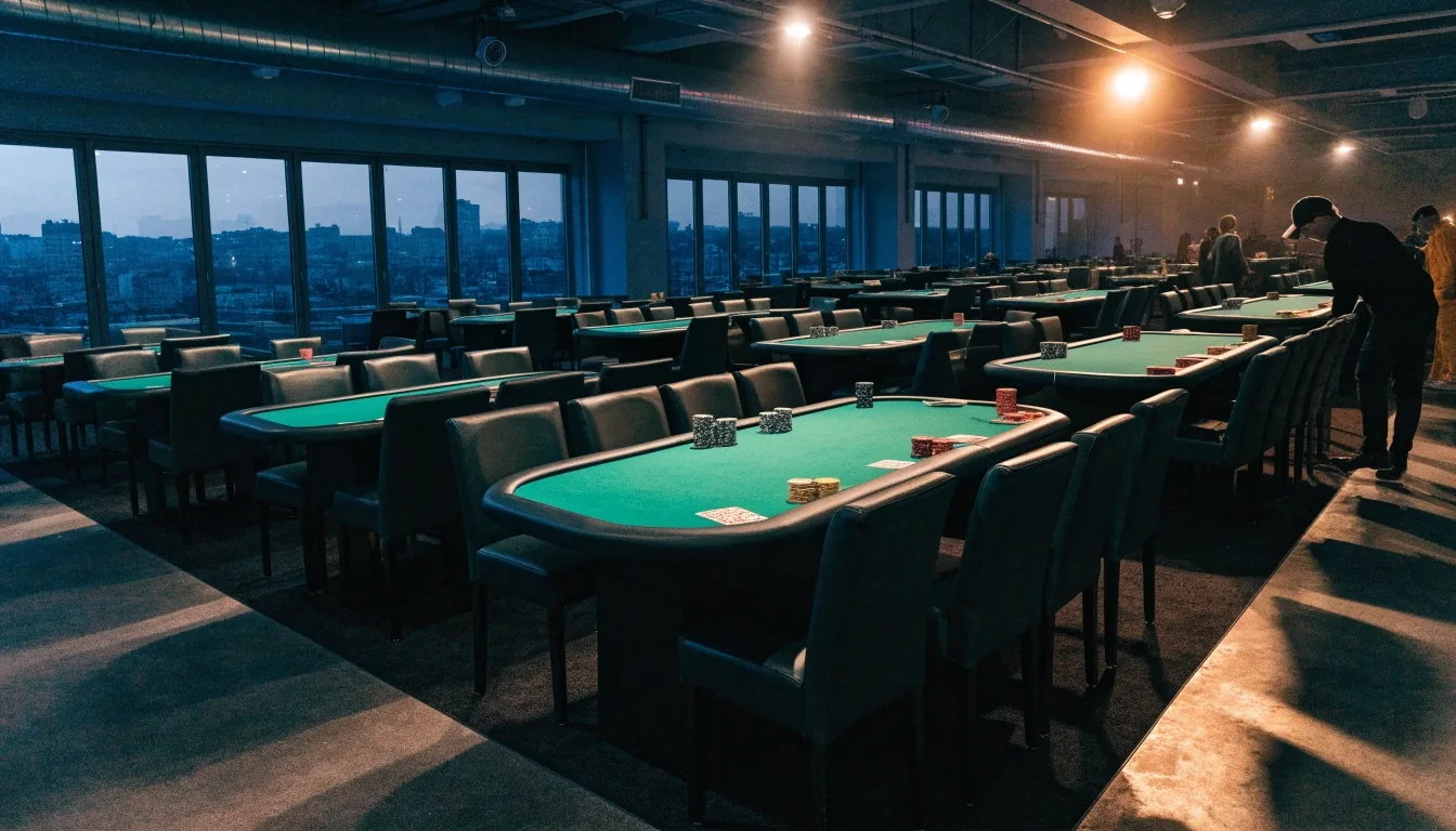 Sala eventowa z ustawionymi stołami pokerowymi przed rezerwacją