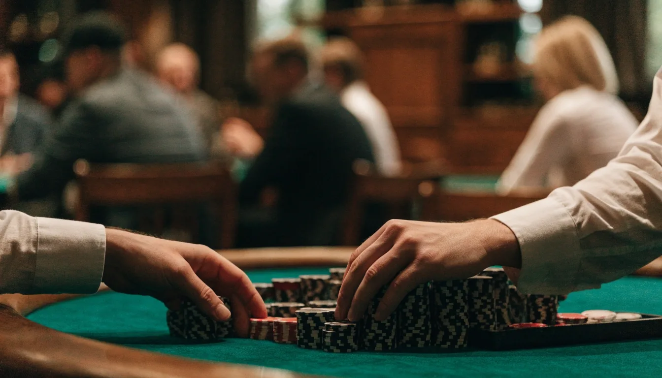 Pusty stół pokerowy po wieczorze, żetony i karty w świetle lampy