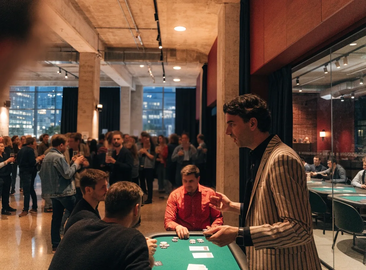 Rozdanie kart przy stole pokerowym, żetony na suknie