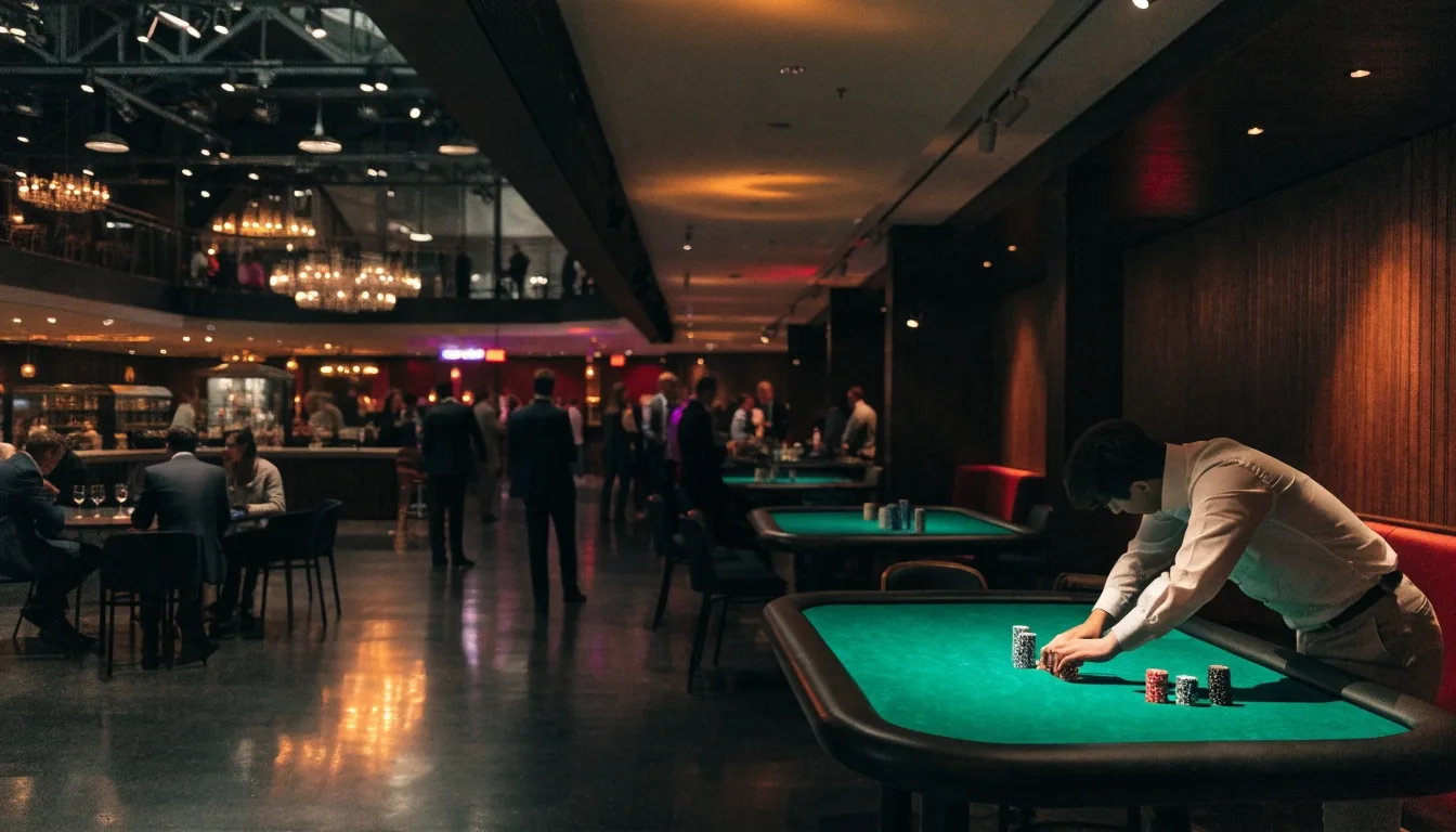 Sala eventowa Montclairons z oświetlonymi stołami pokerowymi
