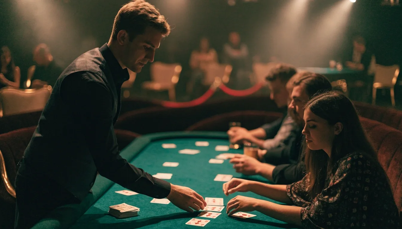 Stół pokerowy z kartami i żetonami podczas wieczoru pokerowego